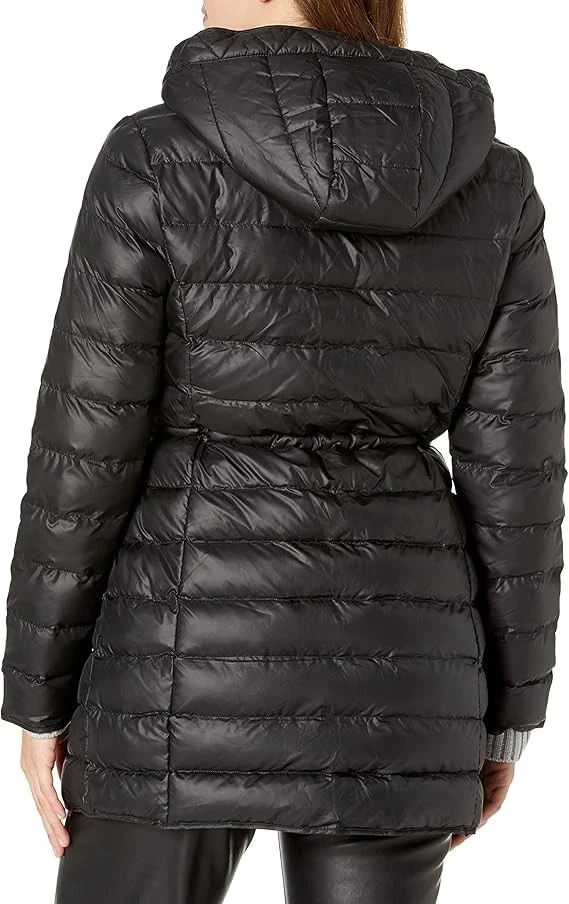 Kenneth Cole Womens Puffer Jacket Black Hooded Zip Front Cinch Waist Long XL NWT - Image 2 of 4
