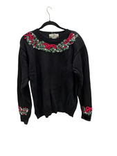 Orvis women s vintage black Christmas holiday embroidered Holly sweater s/M