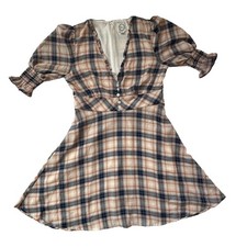 Blue Rain Francesca.com V-Neck Mini Dresses Women’s Medium; 3/4Puff Sleeve,Plaid