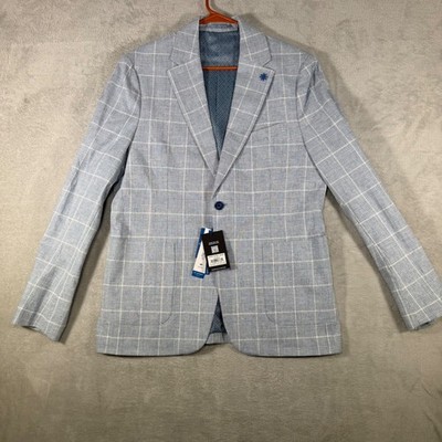 Report Collection Mens Blue Glen Plaid Stretch Linen Blazer Sport Coat 40R NEW