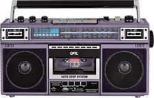Dual Speaker Purple Boombox with MP3 Conversion Bluetooth Connectivity