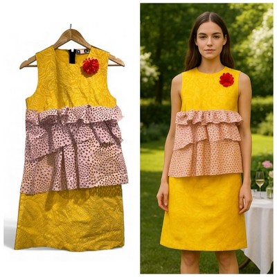 MSGM Yellow Pink Metallic Jacquard Mini Dress Ruffle Peplum IT40 US4 Archival  
