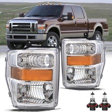 Headlight Assembly 2008-2010 F250 F350 F450 F550 Chrome Housing Amber Reflector