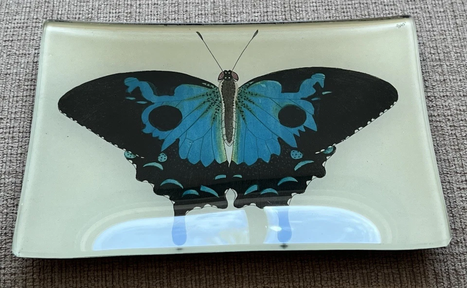 Декупажный маленький стеклянный поднос блюдо для безделушек John Derian синяя бабочка 296 - Изображение 3 из 4