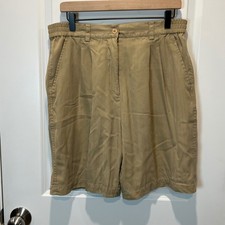 Coldwater Creek Pleated Khaki Silk 100 Shorts Women Size 16 Elastic Waist