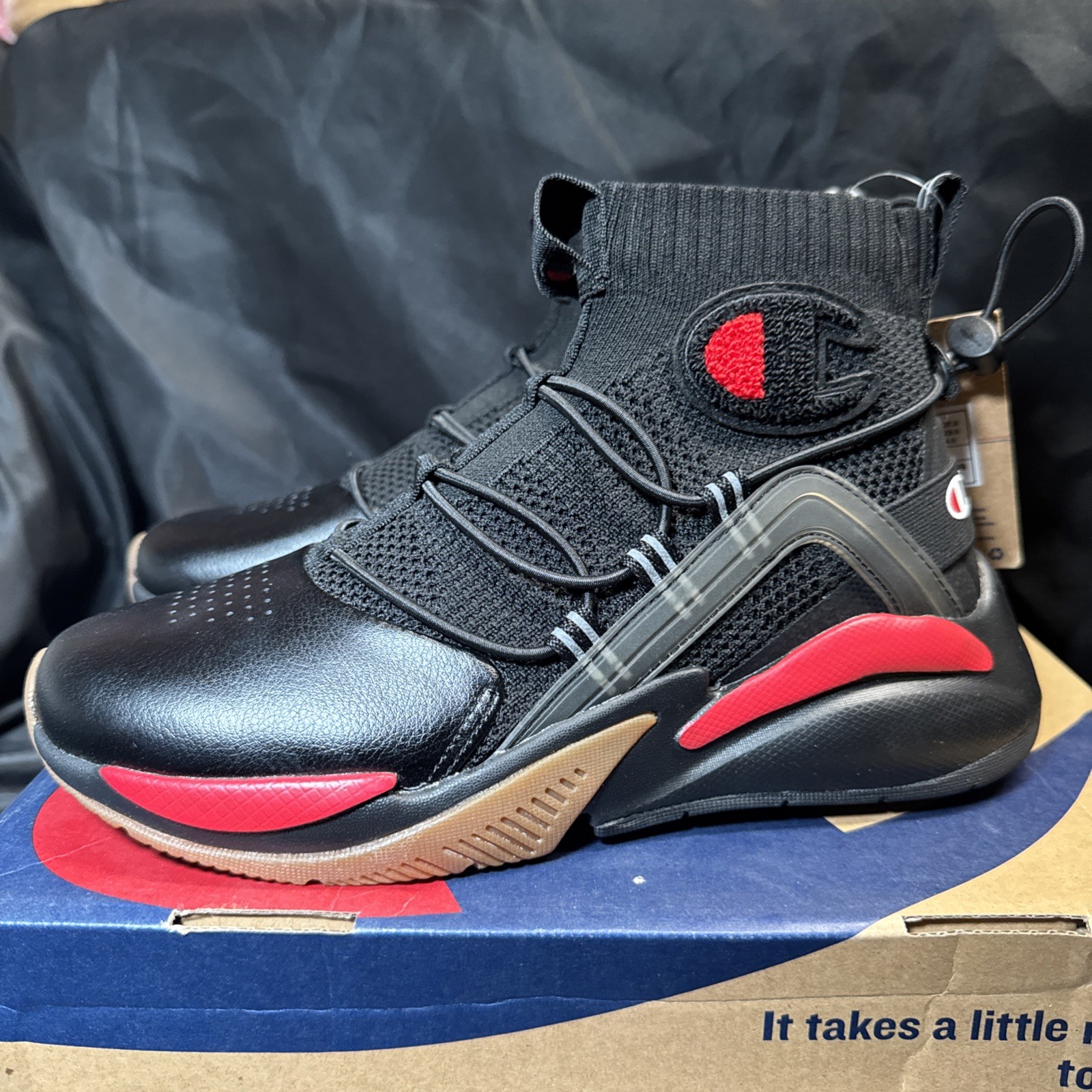 Youth Size 4.5 Champion Check Rally Plus Black Red Kids Shoe