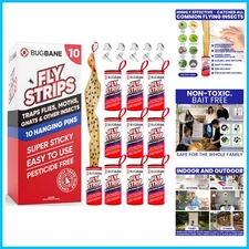 Effective Bug Catchers - 10 Pack Non-Toxic Sticky Fly Paper Roll with Pins