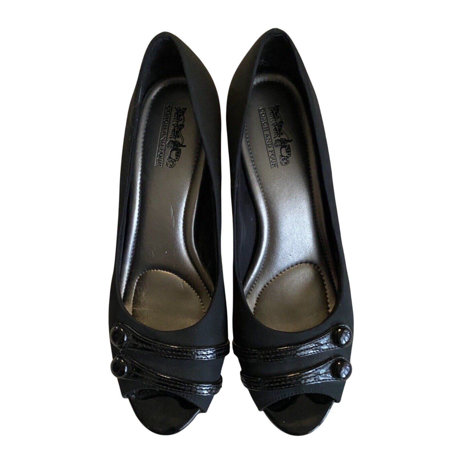 Coach and Four Open Toe Heels Womens Size 8.5 Comfort Insoles Black Pumps Shoes