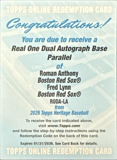 2026 Topps Heritage Real One DUAL AUTO RODA-LA Fred Lynn / Roman Anthony Red Sox