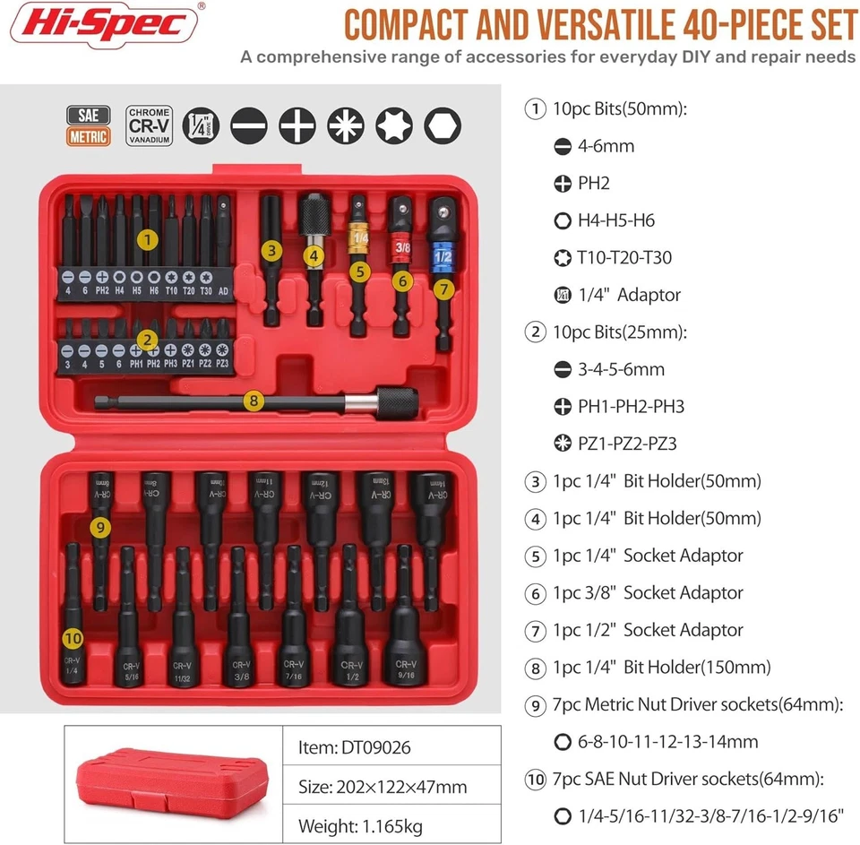 Hi-Spec 40pc SAE/Metric Magnetic Nut Drivers and Screwdriving Driver Bit Set wit - Image 4 of 4
