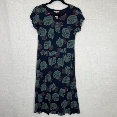 White Stuff UK Midi Dress Women s UK 12 US 8 Blue Leaf Print Pockets Flowy