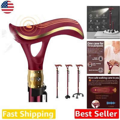 Adjustable Walking Cane: Red, LED Light, Smart Alarm, USB Charge, 3 Bases