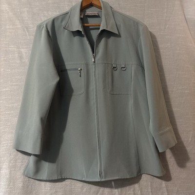 Kathy Che Blouse Zip Up 3/4 Sleeves Light Blue/Sage Green Women s Sz 12 NWOT