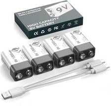 4-Count 9 Volt Battery 9V Block Rechargeable Batteries 1300mAh smoke detectors