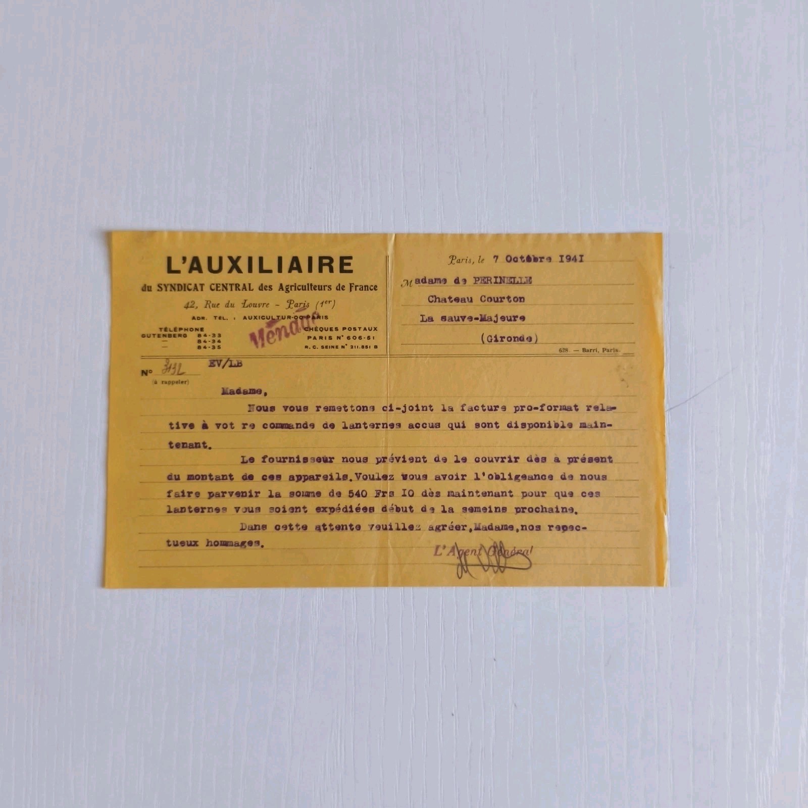 1941 Francia L'Auxiliare Syndicat Centrale Paris Lettera C04284