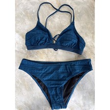 Blue Textured Bikini Set Swimsuit Two Piece Criss Cross Back Strappy