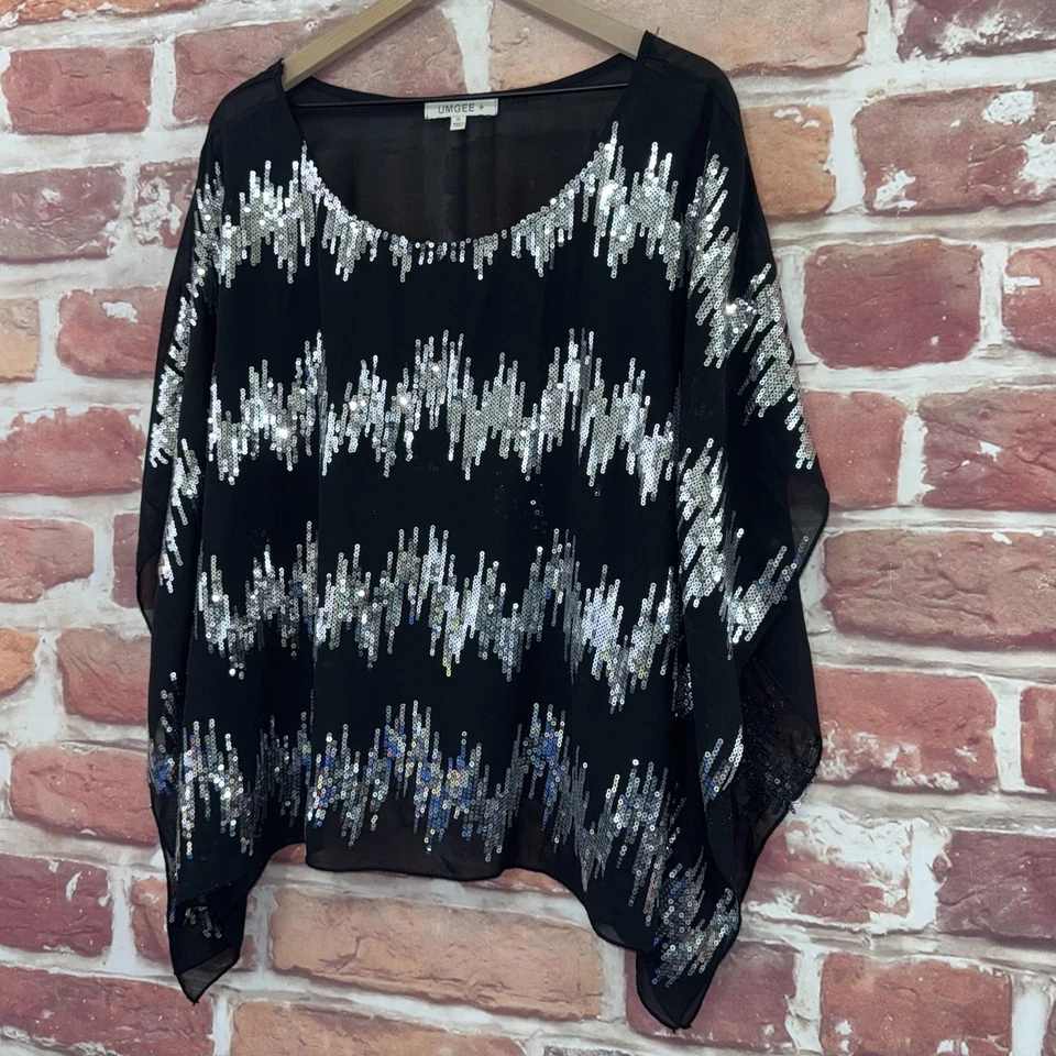 Umgee Kimono Top Womens XL Black Silver Abstract Sequin Sparkly Sheer Shirt - Image 3 of 4
