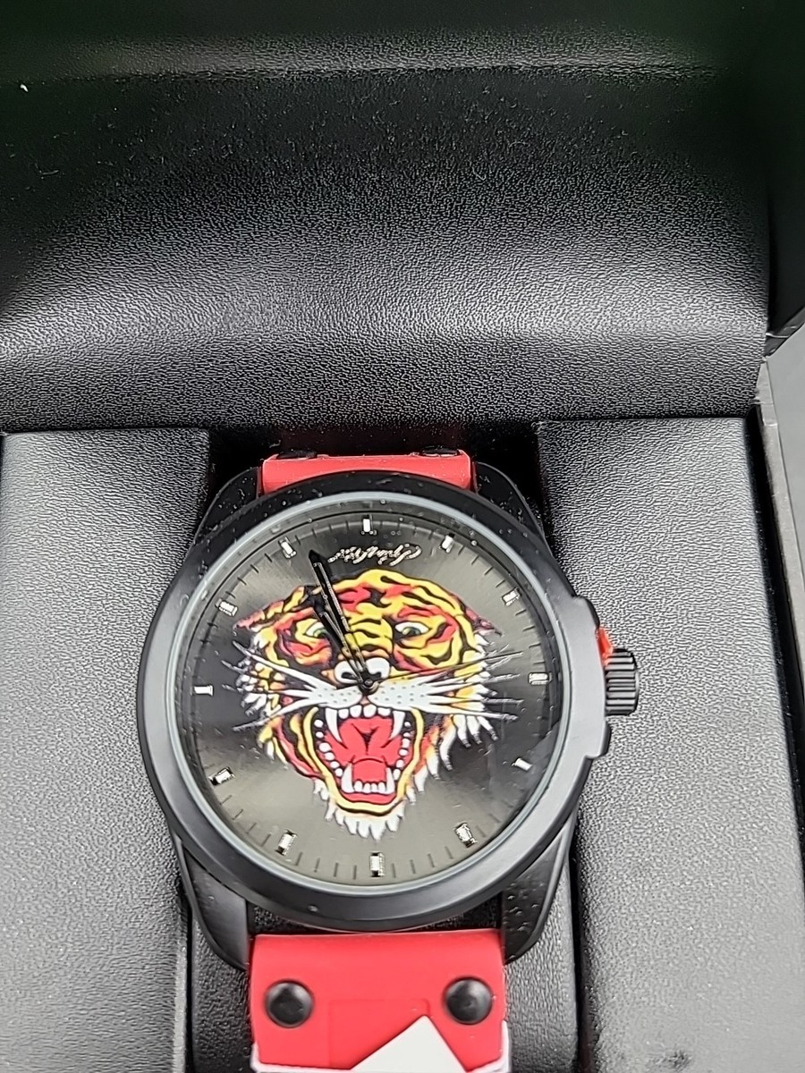 NEW IN BOX Ed Hardy Men's Black Roaring Tiger Watch w/ Red Rubber