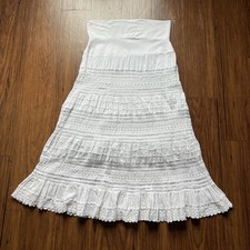 Vintage Crochet Tiered Maxi Skirt XL White Cotton Boho Cottagecore Stretch