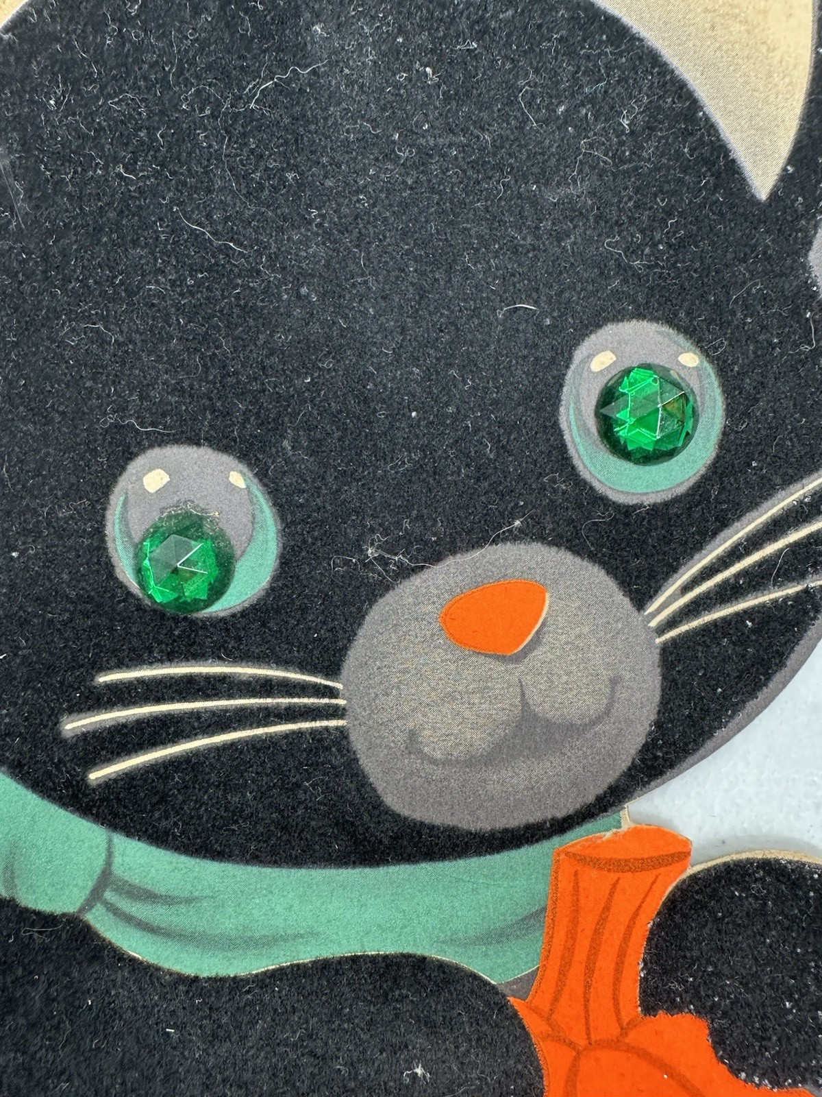 Norcross Happy Halloween Flocked Inky Black Cat Eyes Of Green Stand Up Card