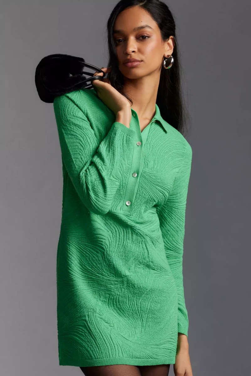 By Anthropologie Long-Sleeve Polo Sweater Mini Dress size XS new nwt green  color