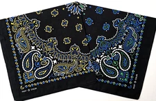 Bandana Cotton Blend Color Fast Black Blue White w/ Yellow or  Green 22" Square