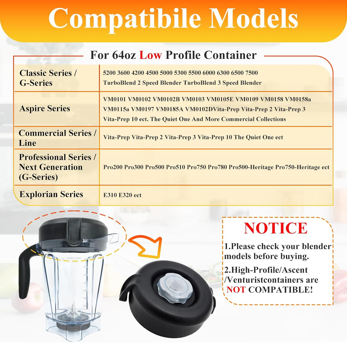 For Vitamix Lid Replacement, 64Oz Low Profile Container Lid for