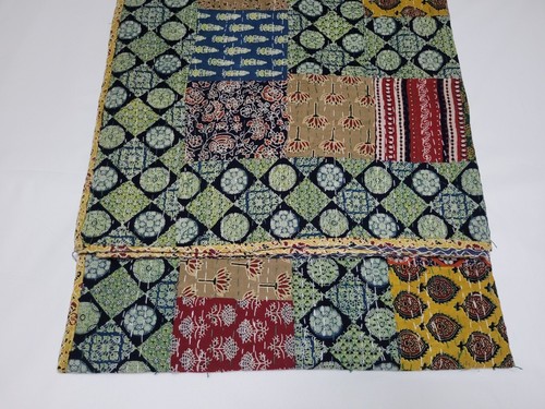 Indian Handmade Ajrakh Handblock Print Multicolour Kantha Quilt Throw Blanket - Picture 2 of 5