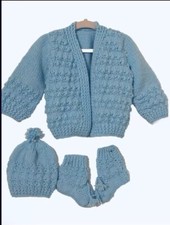 Handmade Baby Boy Knitted Set Blue Wool Cardigan, Hat with Pom-Pom, and Booties