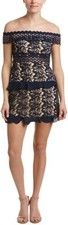Romeo and Juliet Couture NAVY Off the Shoulder Solid Color Lace Dress, US Medium