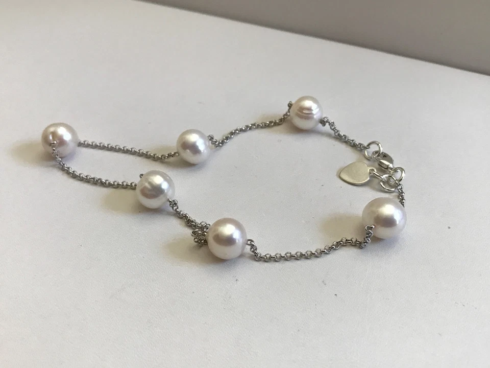 PLATA ESTERLINA 925 TOBILLERA CON PERLAS REDONDAS BLANCAS HECHAS POR EL HOMBRE DE 8 MM/ 10""  Foto 2 de 4