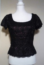 Carmen Marc Valvo Navy Blue Beaded Lace Evening Top Short Sleeves Size 4 sale