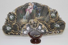 AB106 ANTIQUE FAN. CARVED WOOD STICKS. HAND PAINTED TULLE. 19th CENTURY