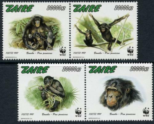 Zaïre : 1997 WWF Bonobo (Chimpanzé pygmée) paires de Setenant (1466a-1466d) neuf neuf neuf dans son emballage d'origine - Photo 1/1