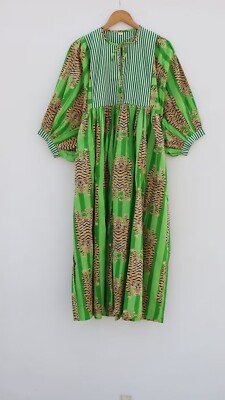 Indian Green Tiger Printed Midi Dress, Long Dress, Deep Neck Women's  Clothing | eBay