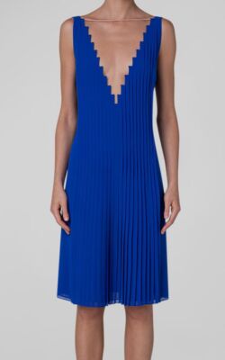 $3490 Akris Women's Blue Silk Plunging Illusion Pleated Dress Size 10