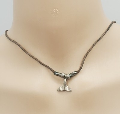925 Whale Tail Necklace 16'' Unisex Leather Cord Sterling Silver Nautical Pendant