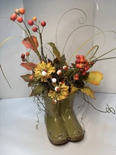 Fall Autumn Flowers Table Vase Floral Arrangement Centerpiece Ceramic Boots