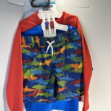 Lands' End Boys Shark 3-piece Swim Set UPF 50 Red Blue 4T