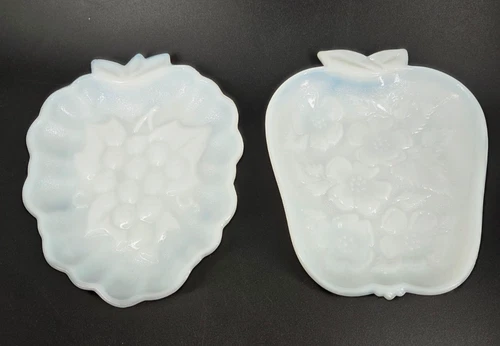 Vintage Set of 2 HAZEL ATLAS Milk Glass Candy Trinket Dish Grapes Apple 6.5"