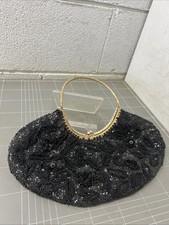 VINTAGE EVENING HANDBAG 1960s BLACK BEADED BEJEWELLED HANDLE GOLD TONE FRAME
