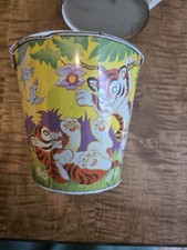 Ohio Art Tin Litho Sand Pail Baby Tigers Playing in Jungle Flowers RARE VTG USA