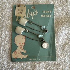 Baby's First Medal Diaper Pins White with Medal Charm NEW RARE
