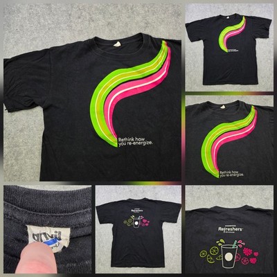 VTG Y2K Starbucks Refreshers Anvil T Shirt Mens Medium Black Rethink Re-Energize