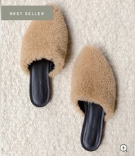 Jenni Kayne Shearling Mule Slip On Flat Fur Trim Shoes Natural Luxury US 7 425