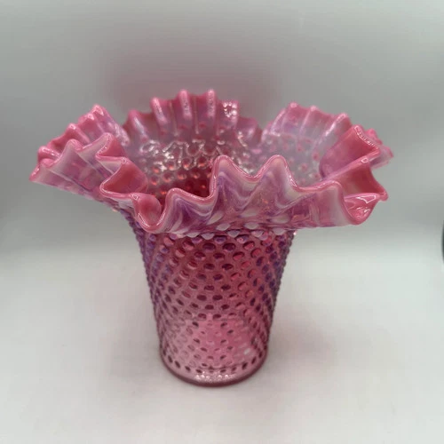 Fenton Cranberry Hobnail Opalescent Ruffled Vase