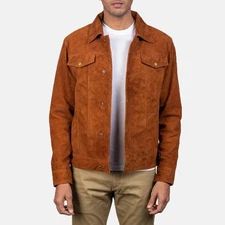Men's Trucker Genuine Suede Leather Jacket Vintage Classic Denim Style Tan Coat