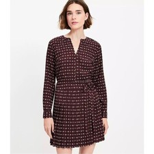 Ann Taylor LOFT NWT Brown Bow Print Long Sleeve Tie Waist Pleated Mini Dress 8
