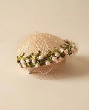 Vintage 1950s Blush Pink Floral Half Hat with Birdcage Veil Straw Bridal