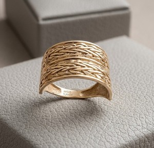 Authentic Size 8 Technibond Framed Double Wheat Band Ring 14K Yellow Gold Plated Silver